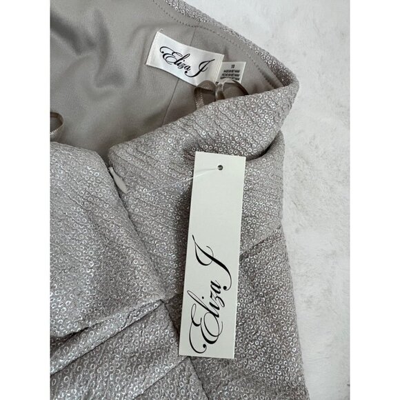 New Eliza J Size 10 One-Shoulder Glitter Mermaid Gown ruching, train Back Beige - Picture 8 of 15